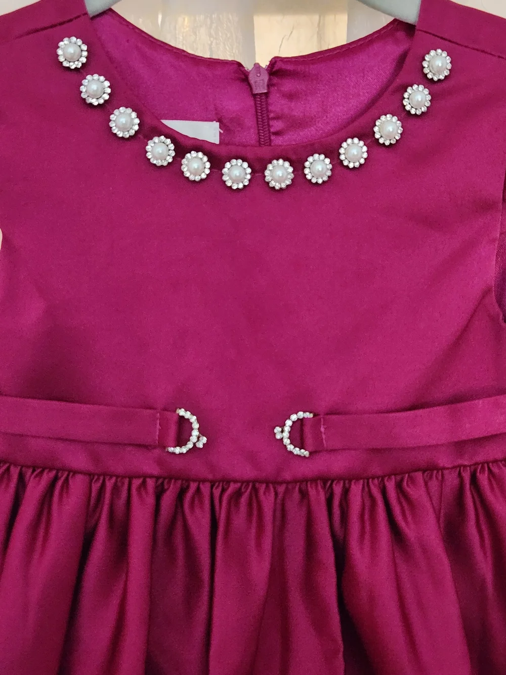 Girls Fuchsia Satin Party Dress with Jewel Neckline, S2T Girl, GUC
